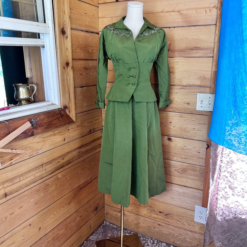 Vintage 2pc Dress Set Women Small Green Canvas 1950s Fit Flare Circle Skirt Suit